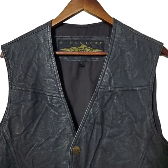 Vintage 90’s Structure Black Leather Snap Biker Vest Size L Mens - Picture 2 of 9